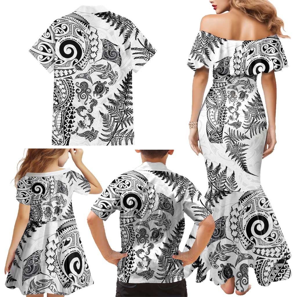 New Zealand Sea Animals Family Matching Mermaid Dress and Hawaiian Shirt with Maori Koru Tribal Tattoo and Silver Ferns White Color LT03 - Polynesian Pride