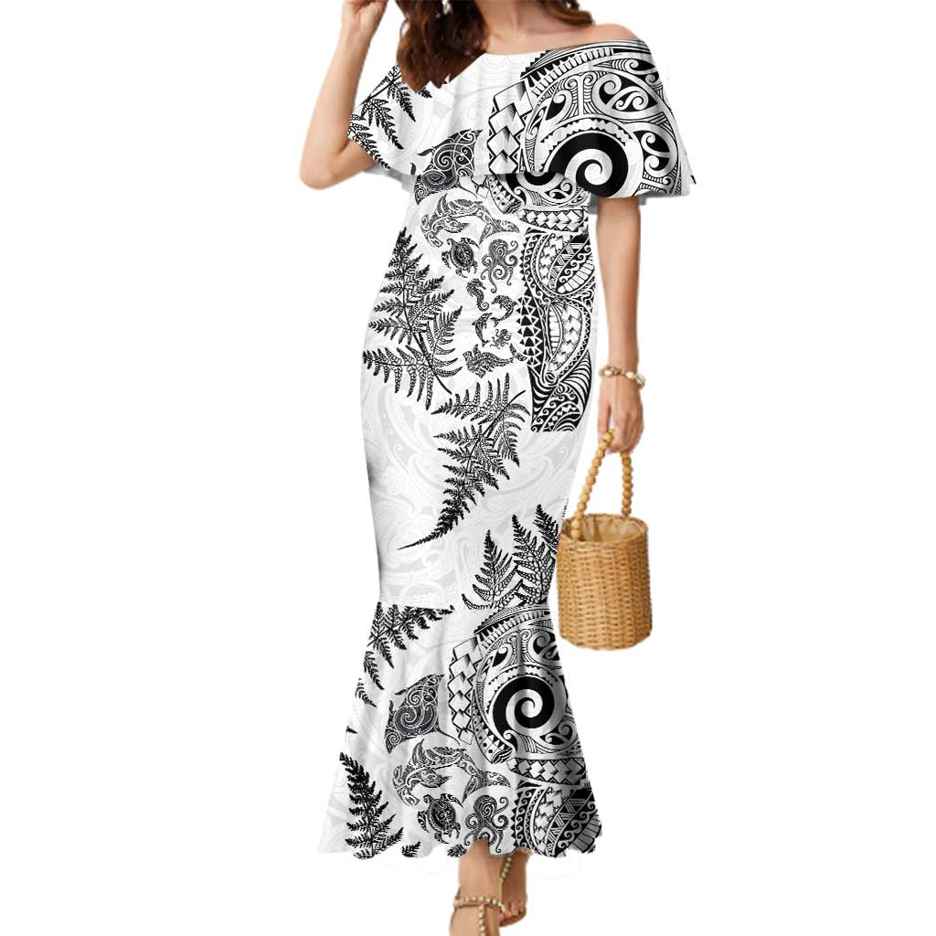 New Zealand Sea Animals Family Matching Mermaid Dress and Hawaiian Shirt with Maori Koru Tribal Tattoo and Silver Ferns White Color LT03 Mom's Dress White - Polynesian Pride
