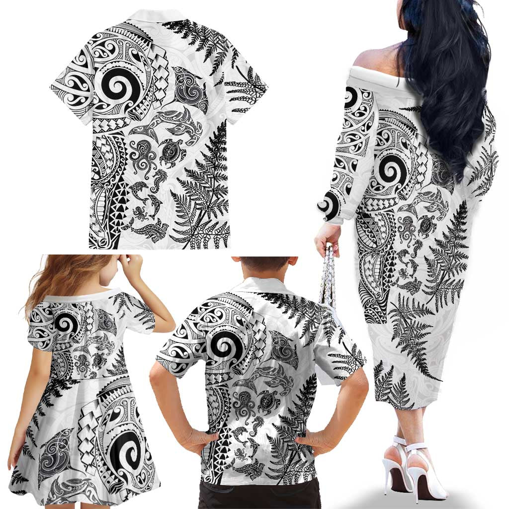 New Zealand Sea Animals Family Matching Off The Shoulder Long Sleeve Dress and Hawaiian Shirt with Maori Koru Tribal Tattoo and Silver Ferns White Color
