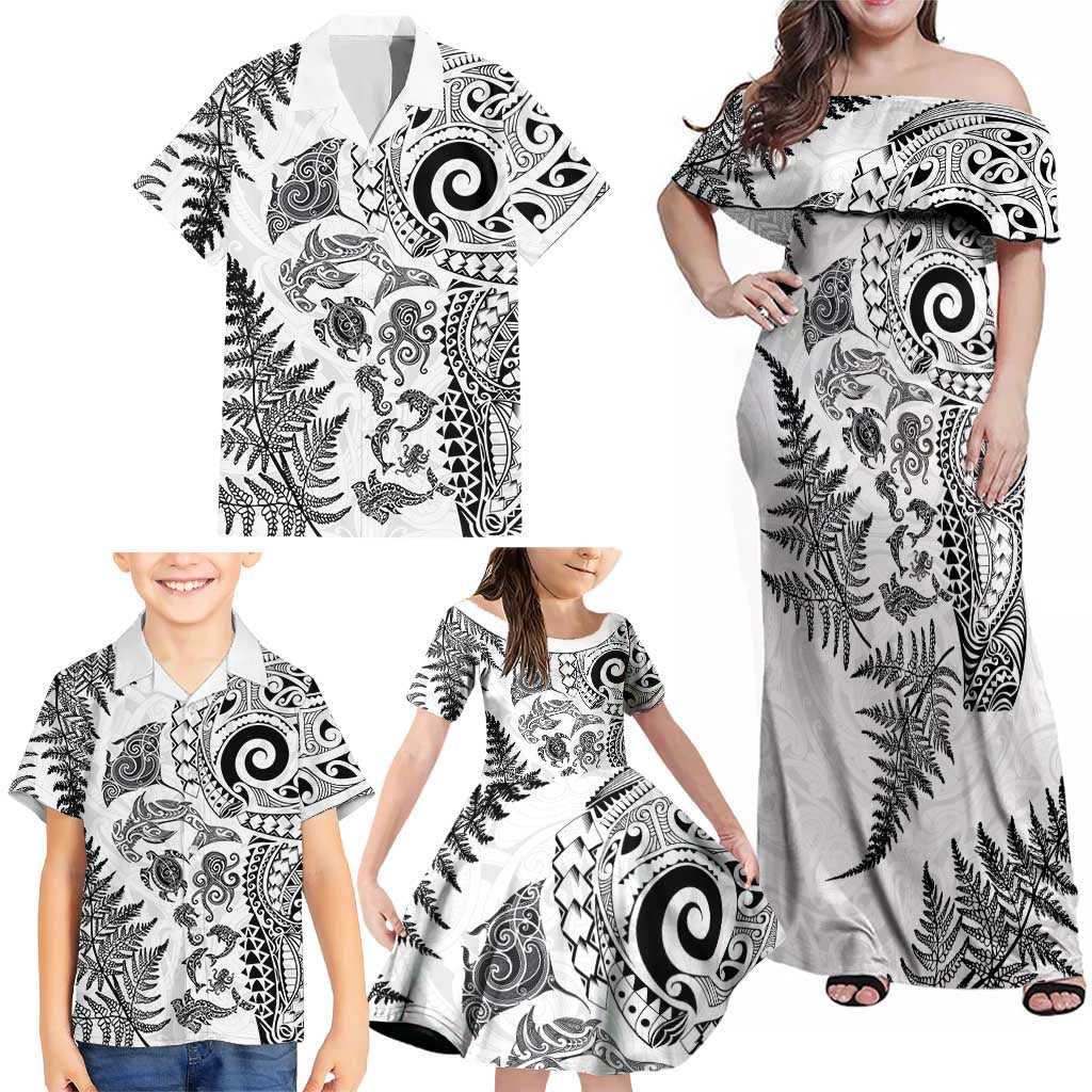 New Zealand Sea Animals Family Matching Off Shoulder Maxi Dress and Hawaiian Shirt with Maori Koru Tribal Tattoo and Silver Ferns White Color LT03 - Polynesian Pride