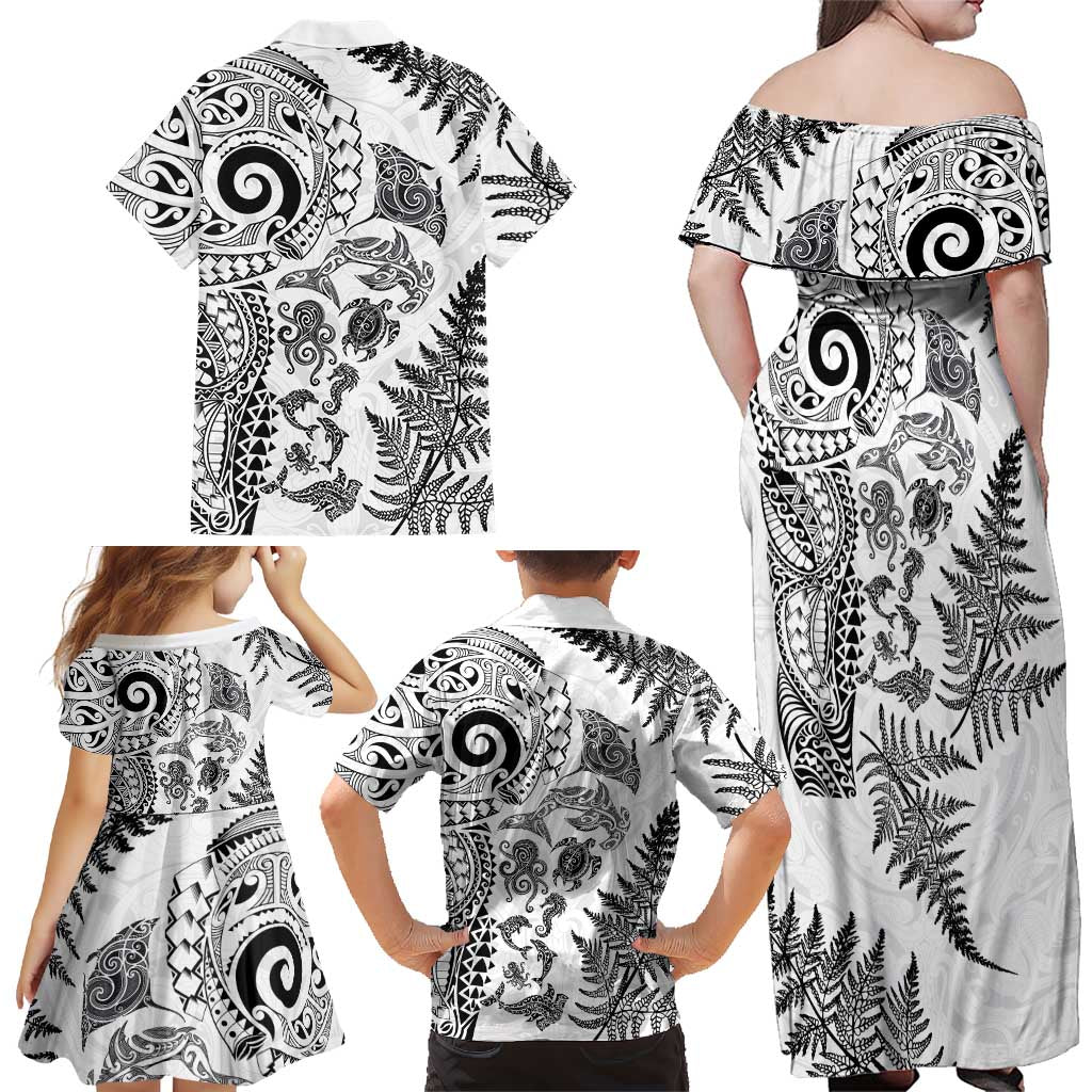 New Zealand Sea Animals Family Matching Off Shoulder Maxi Dress and Hawaiian Shirt with Maori Koru Tribal Tattoo and Silver Ferns White Color LT03 - Polynesian Pride