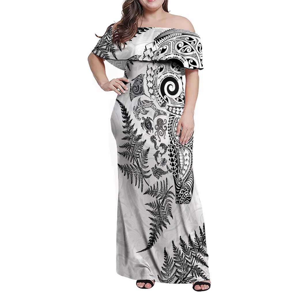 New Zealand Sea Animals Family Matching Off Shoulder Maxi Dress and Hawaiian Shirt with Maori Koru Tribal Tattoo and Silver Ferns White Color LT03 Mom's Dress White - Polynesian Pride