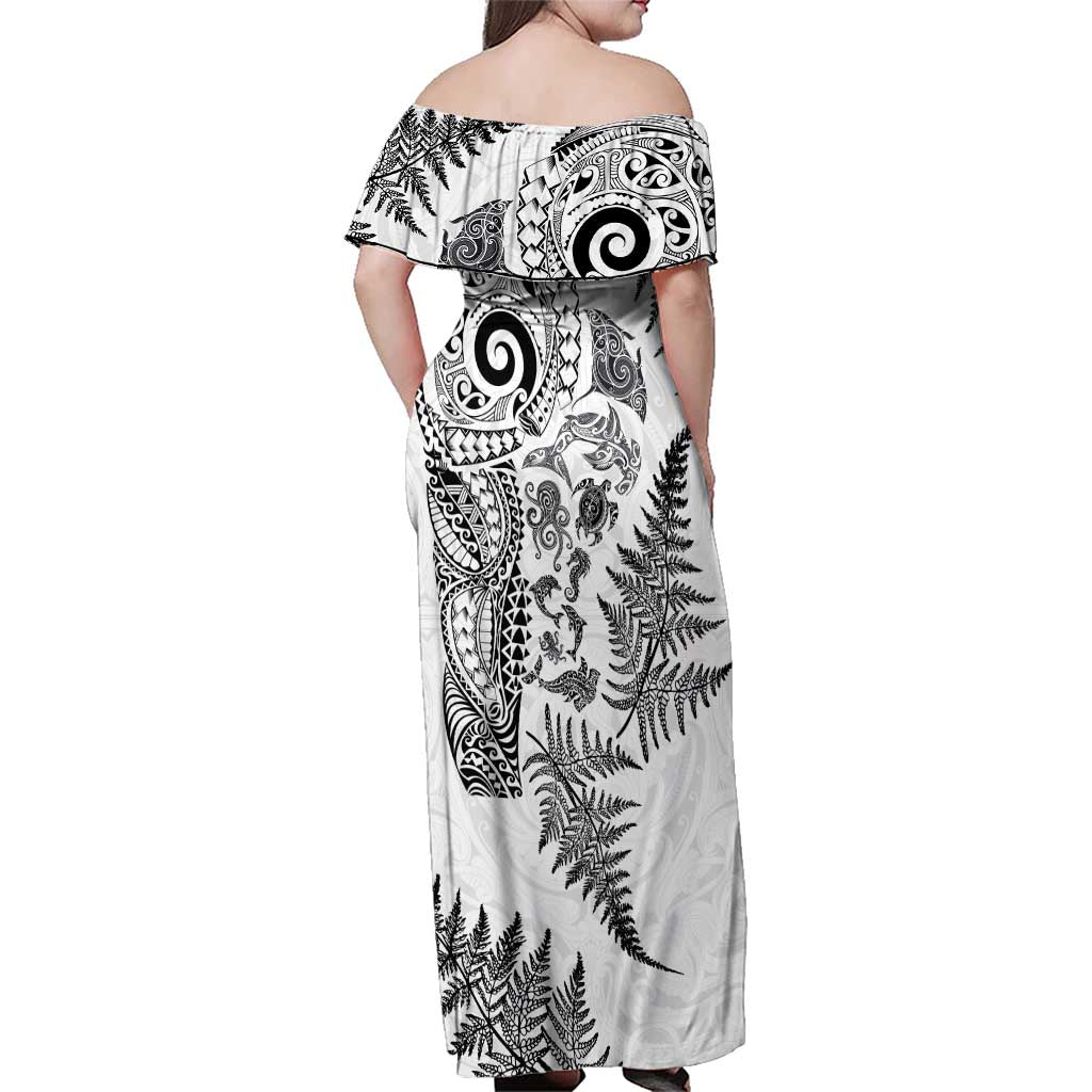 New Zealand Sea Animals Family Matching Off Shoulder Maxi Dress and Hawaiian Shirt with Maori Koru Tribal Tattoo and Silver Ferns White Color LT03 - Polynesian Pride