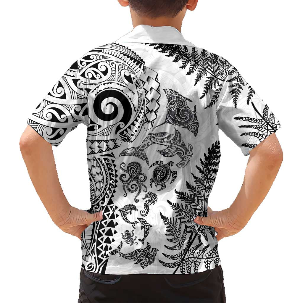 New Zealand Sea Animals Family Matching Off Shoulder Short Dress and Hawaiian Shirt with Maori Koru Tribal Tattoo and Silver Ferns White Color LT03 - Polynesian Pride