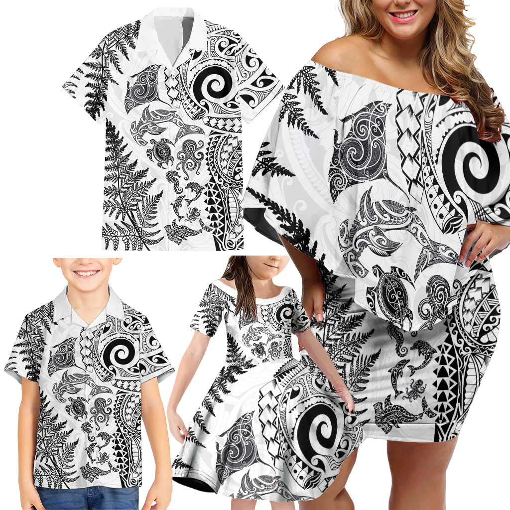 New Zealand Sea Animals Family Matching Off Shoulder Short Dress and Hawaiian Shirt with Maori Koru Tribal Tattoo and Silver Ferns White Color LT03 - Polynesian Pride