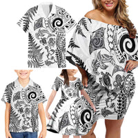 New Zealand Sea Animals Family Matching Off Shoulder Short Dress and Hawaiian Shirt with Maori Koru Tribal Tattoo and Silver Ferns White Color LT03 - Polynesian Pride