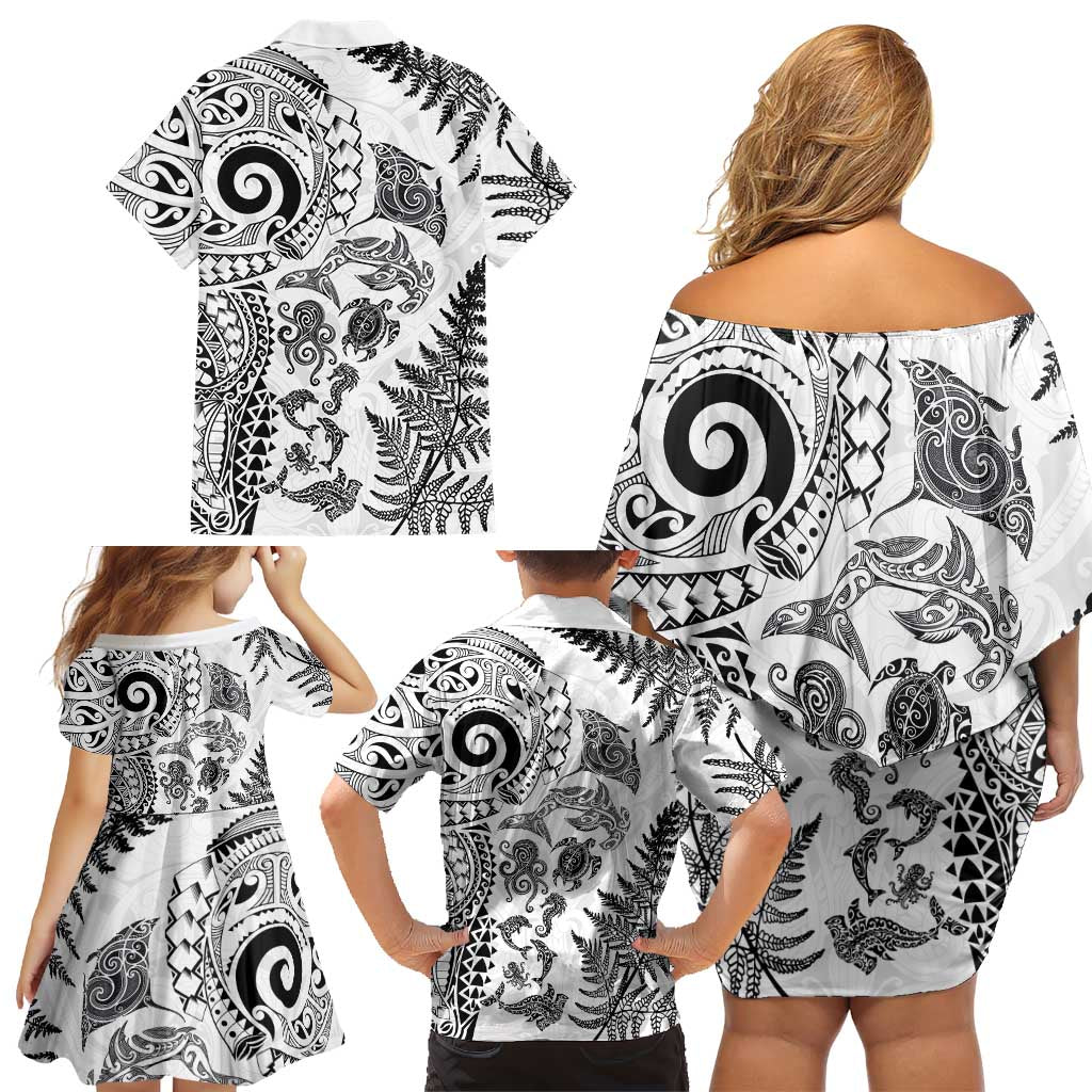 New Zealand Sea Animals Family Matching Off Shoulder Short Dress and Hawaiian Shirt with Maori Koru Tribal Tattoo and Silver Ferns White Color LT03 - Polynesian Pride