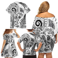 New Zealand Sea Animals Family Matching Off Shoulder Short Dress and Hawaiian Shirt with Maori Koru Tribal Tattoo and Silver Ferns White Color LT03 - Polynesian Pride