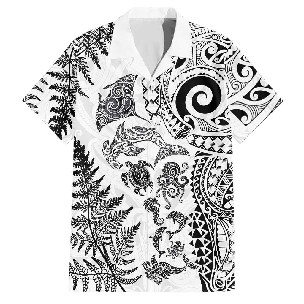 New Zealand Sea Animals Family Matching Off Shoulder Short Dress and Hawaiian Shirt with Maori Koru Tribal Tattoo and Silver Ferns White Color LT03 Dad's Shirt - Short Sleeve White - Polynesian Pride