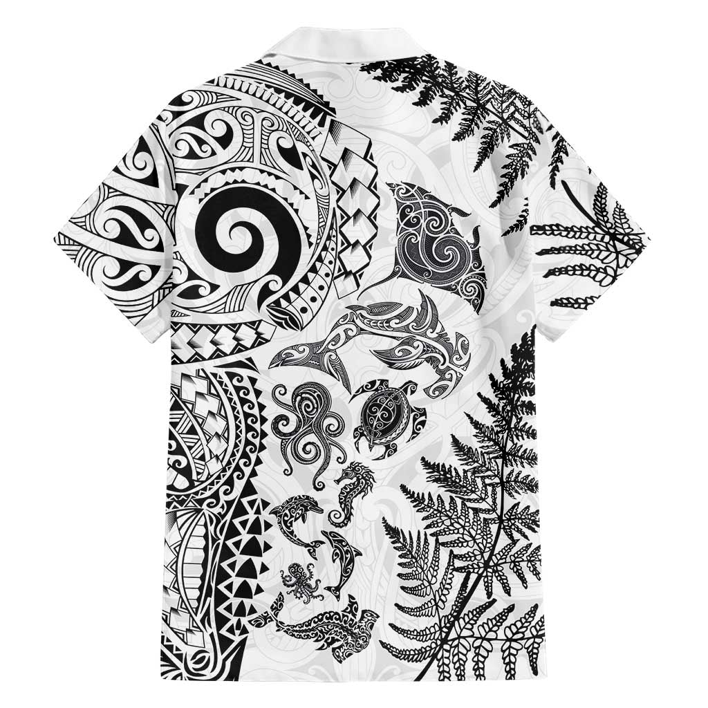 New Zealand Sea Animals Family Matching Off Shoulder Short Dress and Hawaiian Shirt with Maori Koru Tribal Tattoo and Silver Ferns White Color LT03 - Polynesian Pride