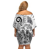 New Zealand Sea Animals Family Matching Off Shoulder Short Dress and Hawaiian Shirt with Maori Koru Tribal Tattoo and Silver Ferns White Color LT03 - Polynesian Pride