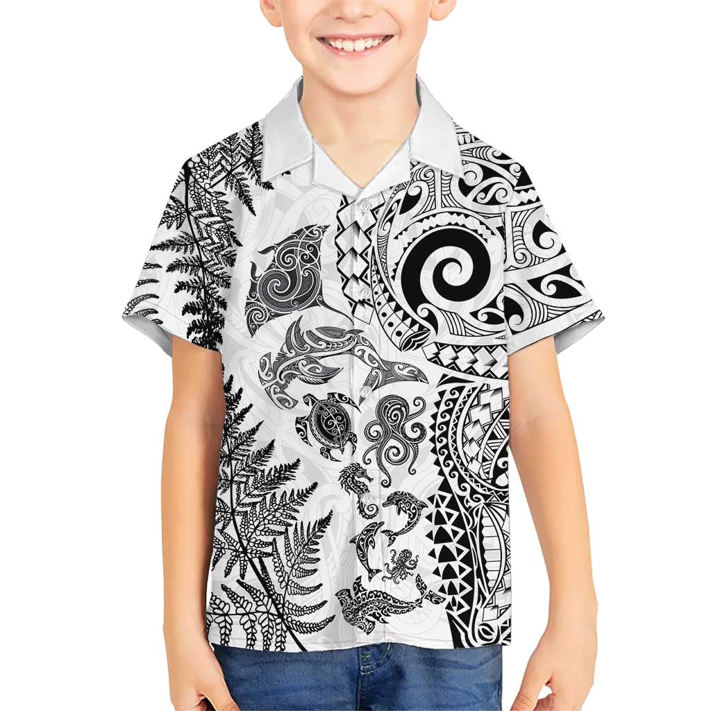 New Zealand Sea Animals Family Matching Off Shoulder Short Dress and Hawaiian Shirt with Maori Koru Tribal Tattoo and Silver Ferns White Color LT03 Son's Shirt White - Polynesian Pride