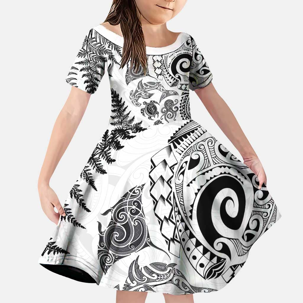 New Zealand Sea Animals Family Matching Puletasi and Hawaiian Shirt with Maori Koru Tribal Tattoo and Silver Ferns White Color LT03 Daughter's Dress White - Polynesian Pride