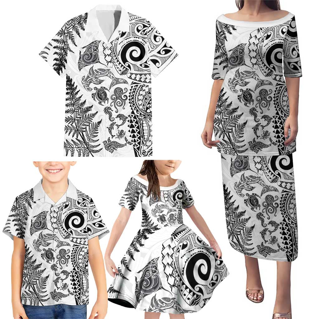 New Zealand Sea Animals Family Matching Puletasi and Hawaiian Shirt with Maori Koru Tribal Tattoo and Silver Ferns White Color LT03 - Polynesian Pride