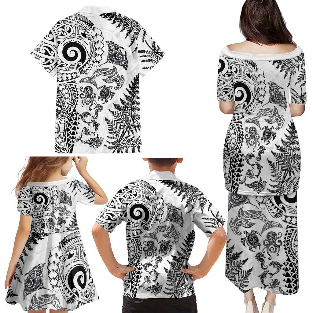 New Zealand Sea Animals Family Matching Puletasi and Hawaiian Shirt with Maori Koru Tribal Tattoo and Silver Ferns White Color LT03 - Polynesian Pride