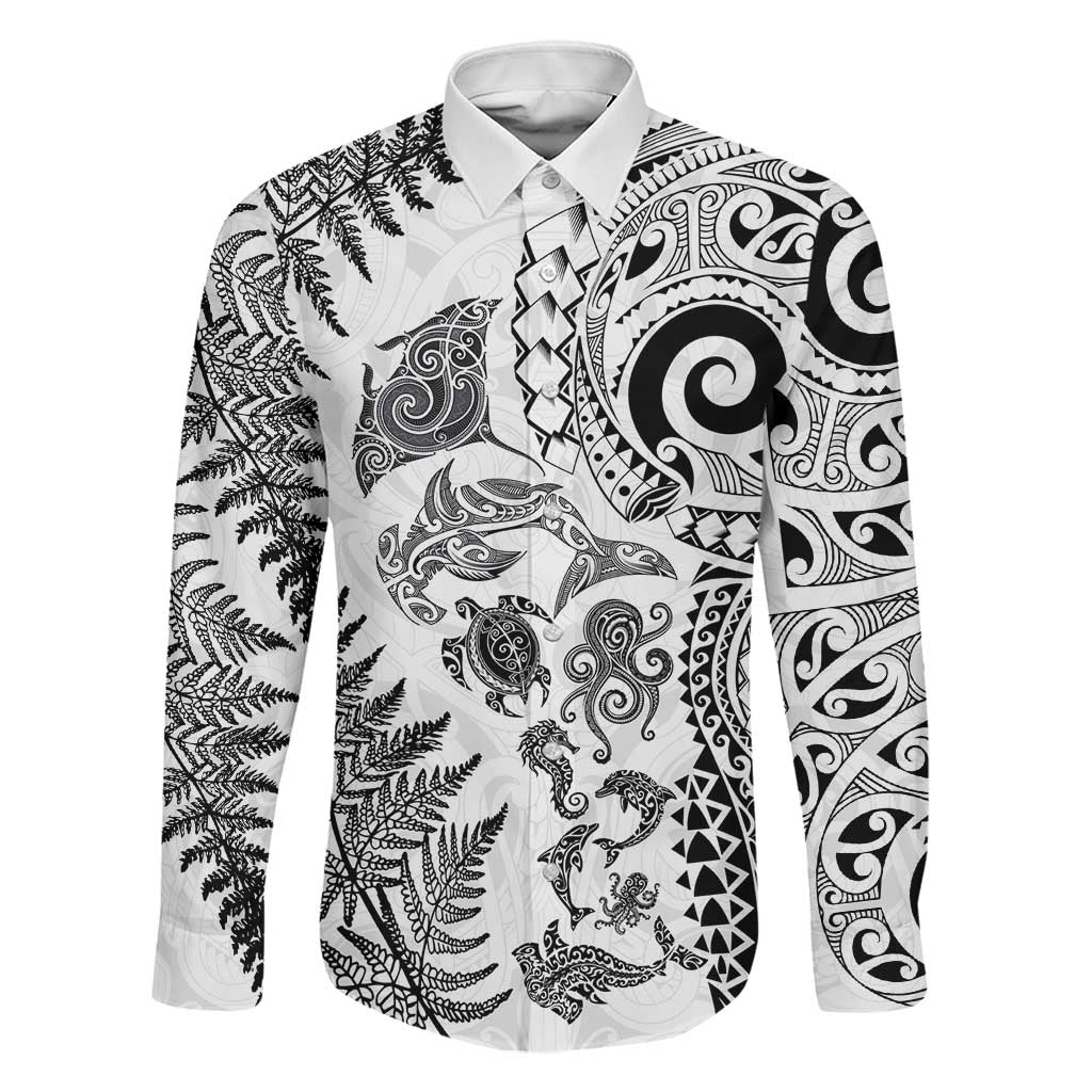 New Zealand Sea Animals Family Matching Puletasi and Hawaiian Shirt with Maori Koru Tribal Tattoo and Silver Ferns White Color LT03 Dad's Shirt - Long Sleeve White - Polynesian Pride
