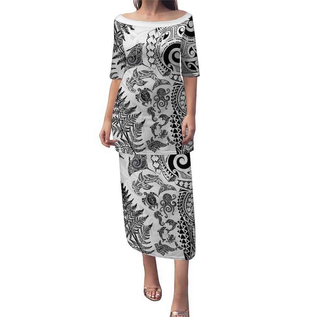 New Zealand Sea Animals Family Matching Puletasi and Hawaiian Shirt with Maori Koru Tribal Tattoo and Silver Ferns White Color LT03 Mom's Dress White - Polynesian Pride