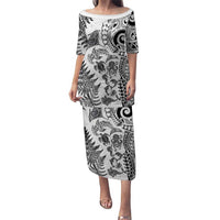 New Zealand Sea Animals Family Matching Puletasi and Hawaiian Shirt with Maori Koru Tribal Tattoo and Silver Ferns White Color LT03 Mom's Dress White - Polynesian Pride