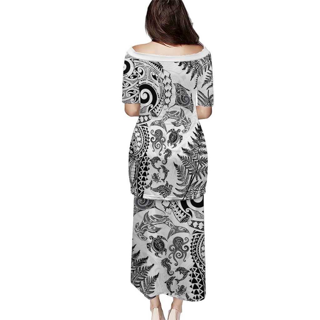 New Zealand Sea Animals Family Matching Puletasi and Hawaiian Shirt with Maori Koru Tribal Tattoo and Silver Ferns White Color LT03 - Polynesian Pride