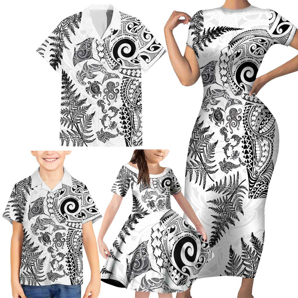 New Zealand Sea Animals Family Matching Short Sleeve Bodycon Dress and Hawaiian Shirt with Maori Koru Tribal Tattoo and Silver Ferns White Color LT03 - Polynesian Pride