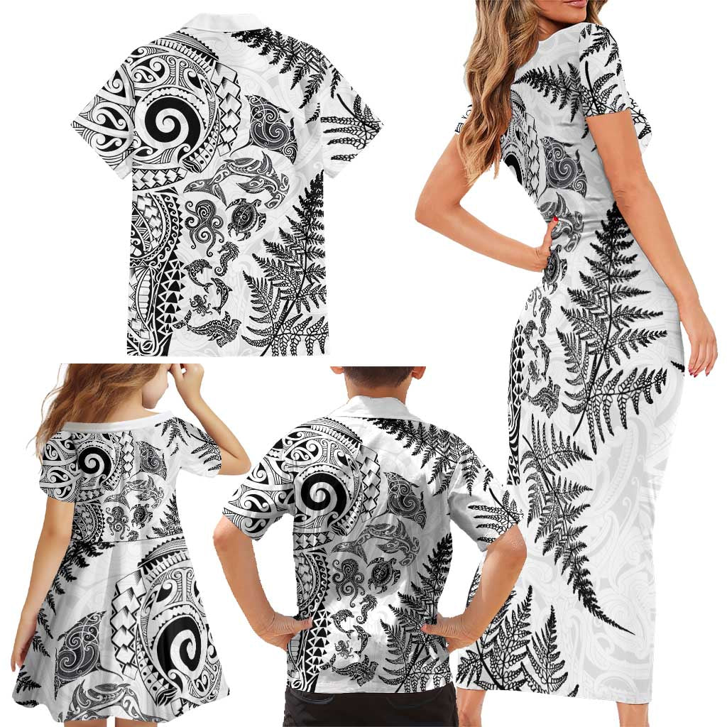 New Zealand Sea Animals Family Matching Short Sleeve Bodycon Dress and Hawaiian Shirt with Maori Koru Tribal Tattoo and Silver Ferns White Color LT03 - Polynesian Pride