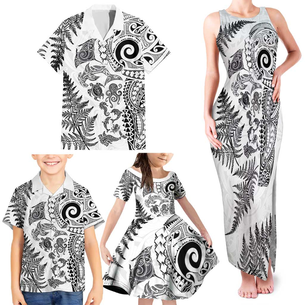 New Zealand Sea Animals Family Matching Tank Maxi Dress and Hawaiian Shirt with Maori Koru Tribal Tattoo and Silver Ferns White Color