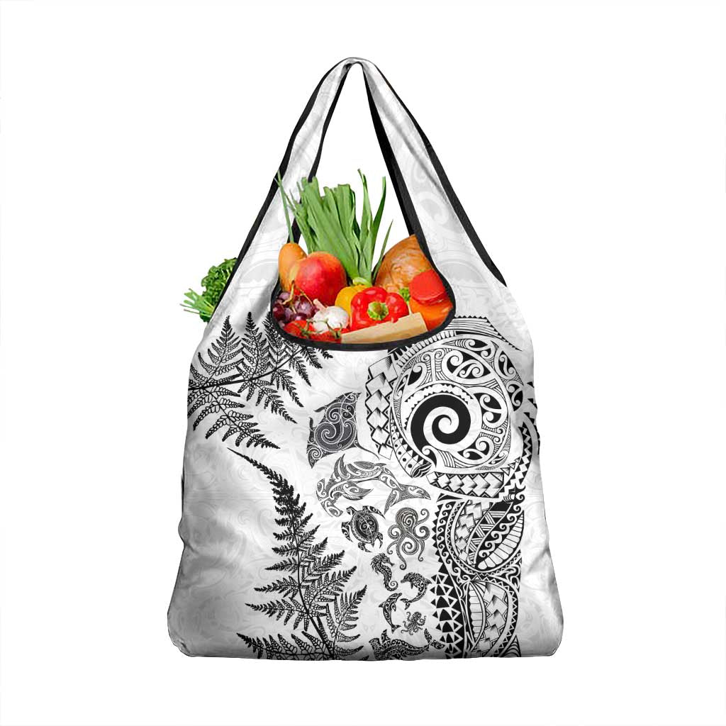 New Zealand Sea Animals Grocery Bag with Maori Koru Tribal Tattoo and Silver Ferns White Color