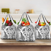 New Zealand Sea Animals Grocery Bag with Maori Koru Tribal Tattoo and Silver Ferns White Color