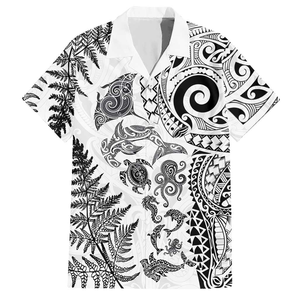 New Zealand Sea Animals Hawaiian Shirt with Maori Koru Tribal Tattoo and Silver Ferns White Color
