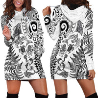 New Zealand Sea Animals Hoodie Dress with Maori Koru Tribal Tattoo and Silver Ferns White Color