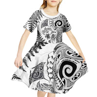 New Zealand Sea Animals Kid Short Sleeve Dress with Maori Koru Tribal Tattoo and Silver Ferns White Color