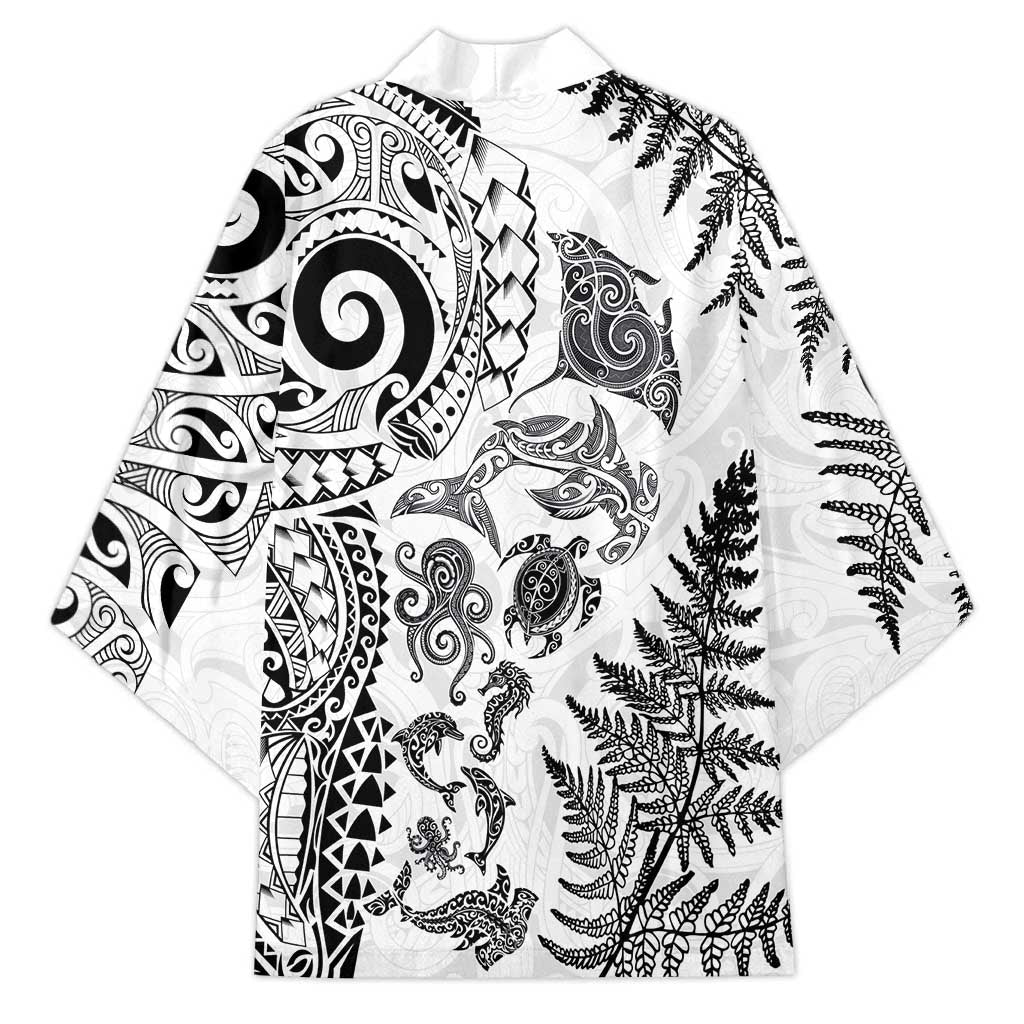 New Zealand Sea Animals Kimono with Maori Koru Tribal Tattoo and Silver Ferns White Color