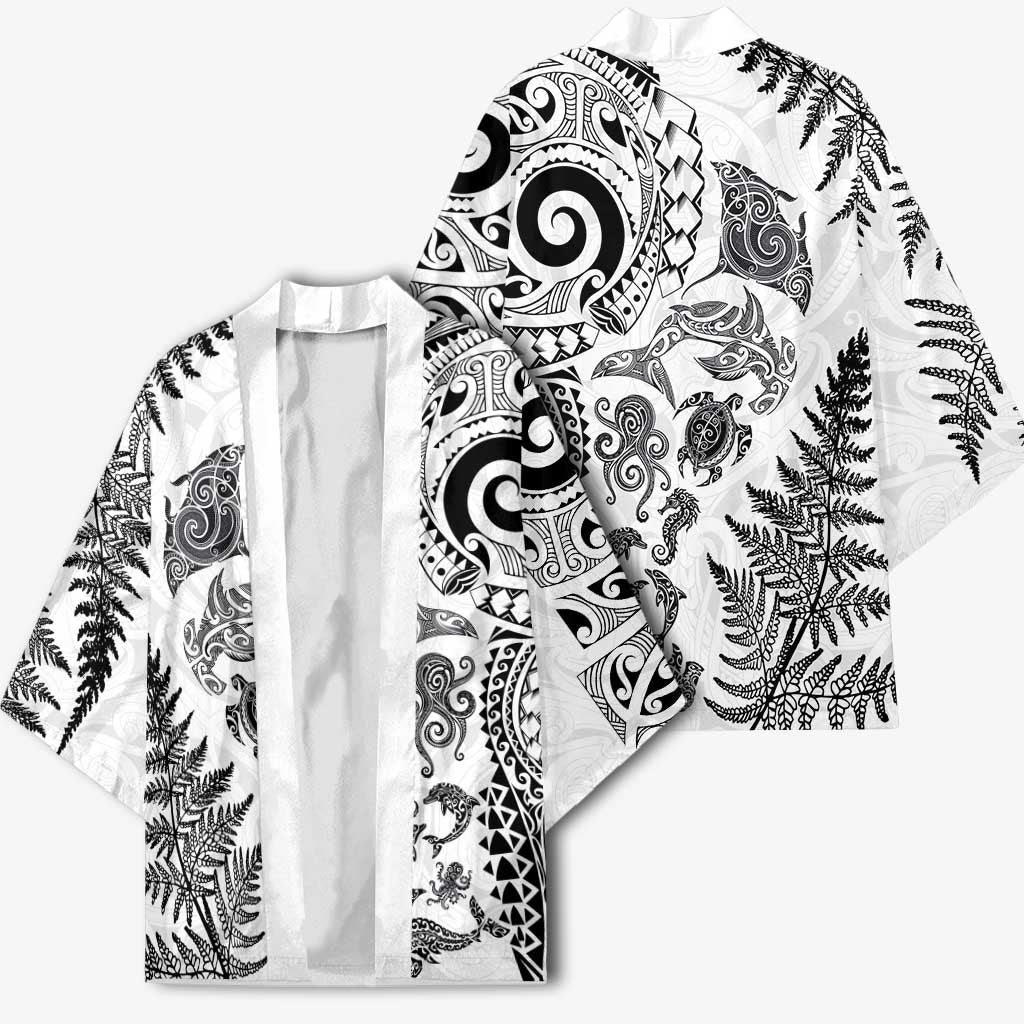 New Zealand Sea Animals Kimono with Maori Koru Tribal Tattoo and Silver Ferns White Color