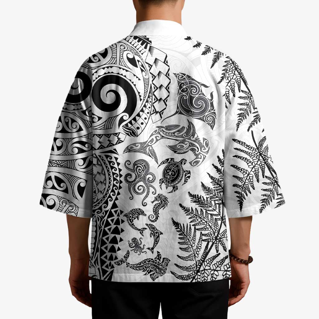 New Zealand Sea Animals Kimono with Maori Koru Tribal Tattoo and Silver Ferns White Color