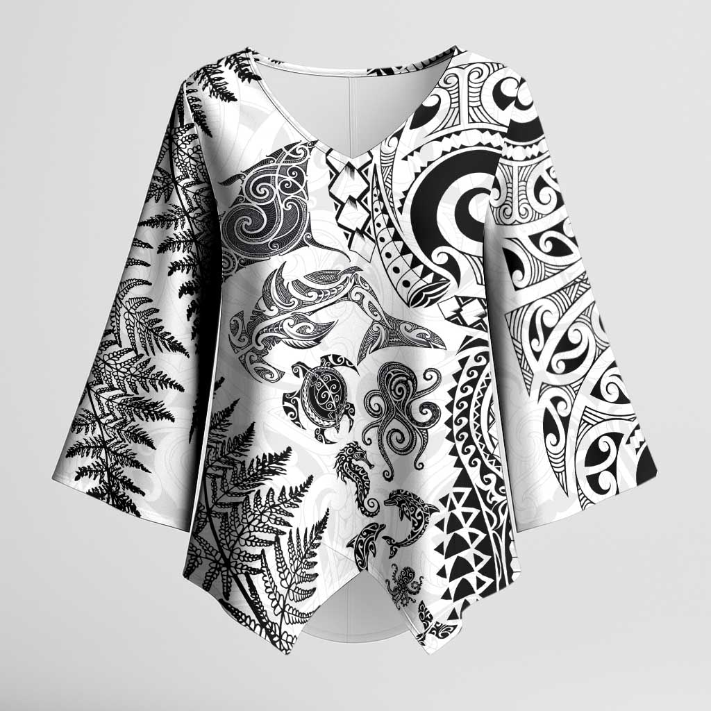 New Zealand Sea Animals Kimono Sleeve Blouse with Maori Koru Tribal Tattoo and Silver Ferns White Color