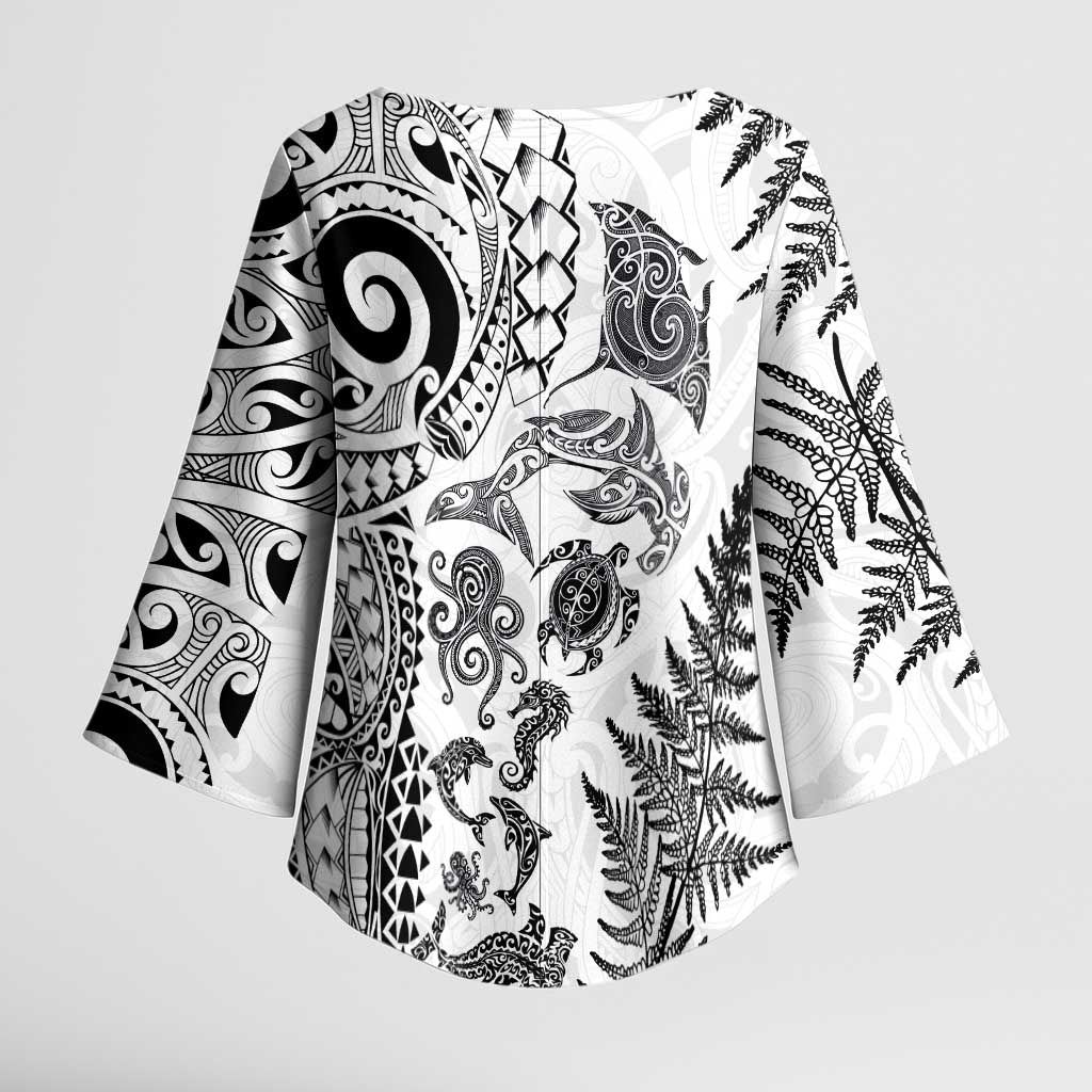 New Zealand Sea Animals Kimono Sleeve Blouse with Maori Koru Tribal Tattoo and Silver Ferns White Color