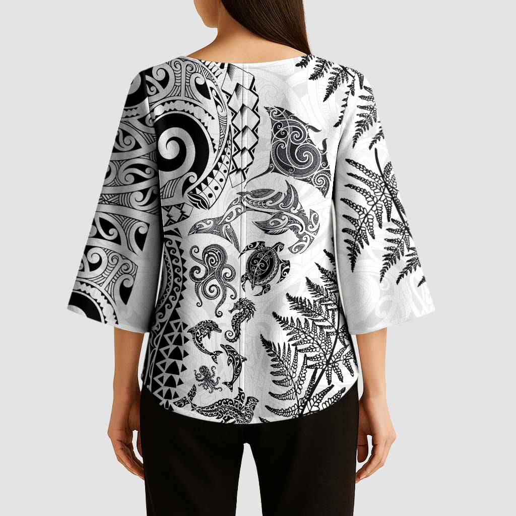 New Zealand Sea Animals Kimono Sleeve Blouse with Maori Koru Tribal Tattoo and Silver Ferns White Color