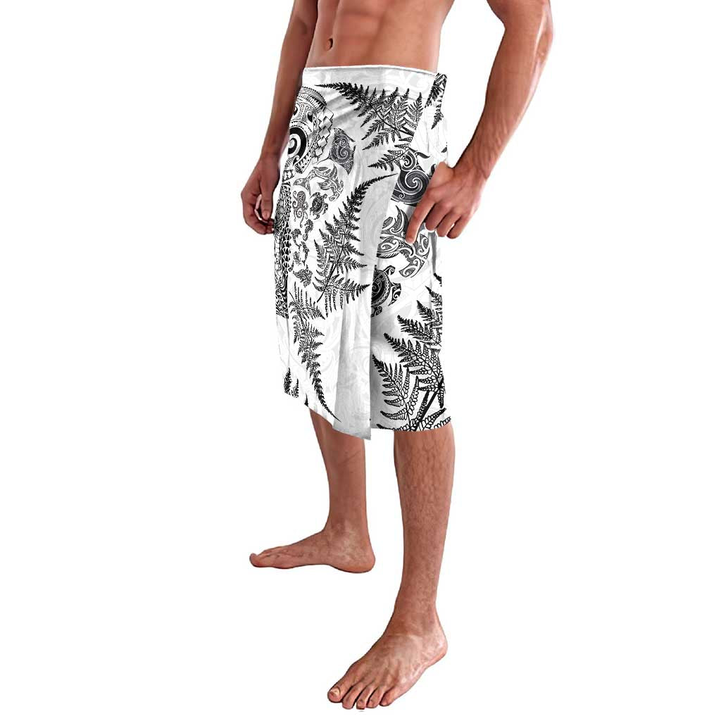 New Zealand Sea Animals Lavalava with Maori Koru Tribal Tattoo and Silver Ferns White Color