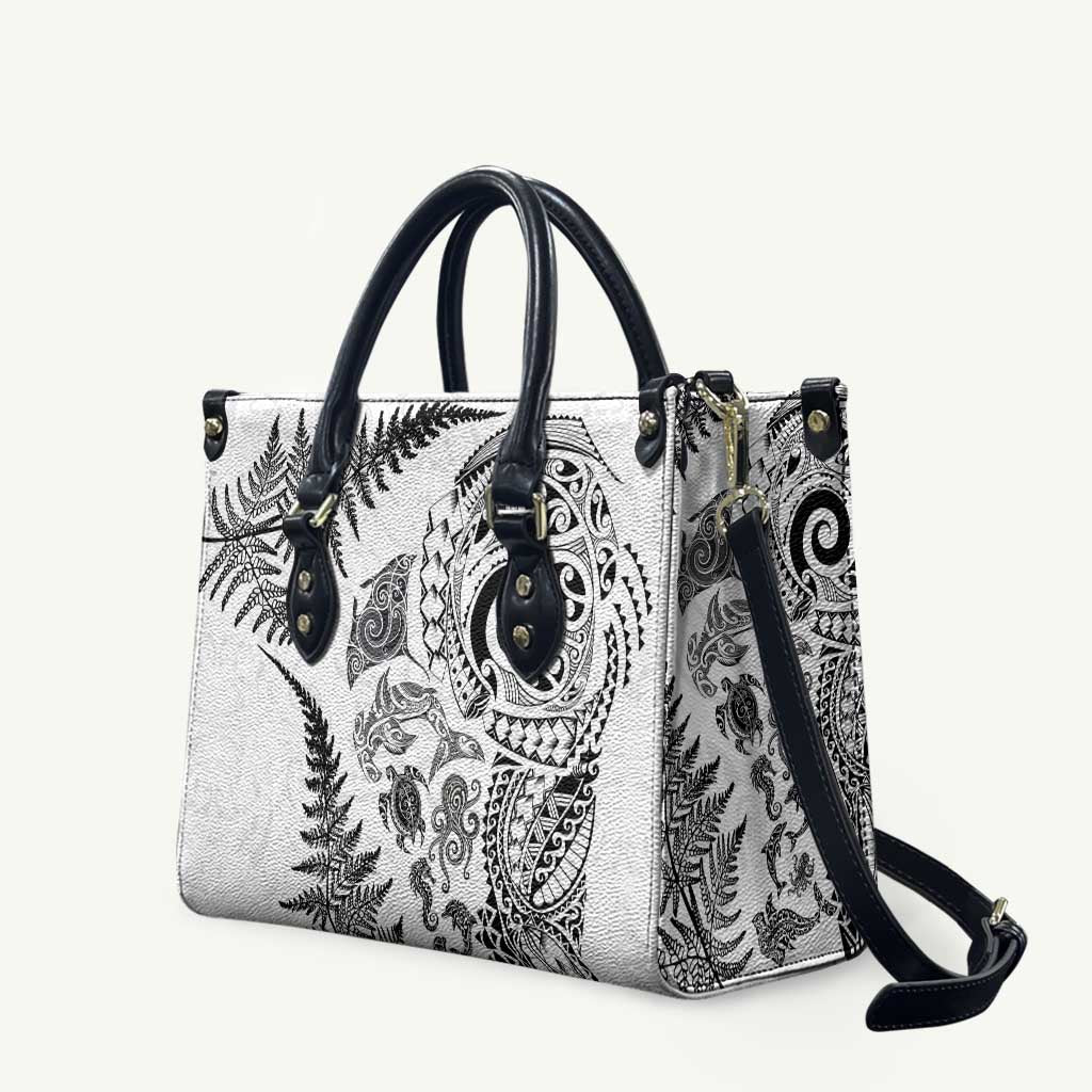 New Zealand Sea Animals Leather Bag with Maori Koru Tribal Tattoo and Silver Ferns White Color