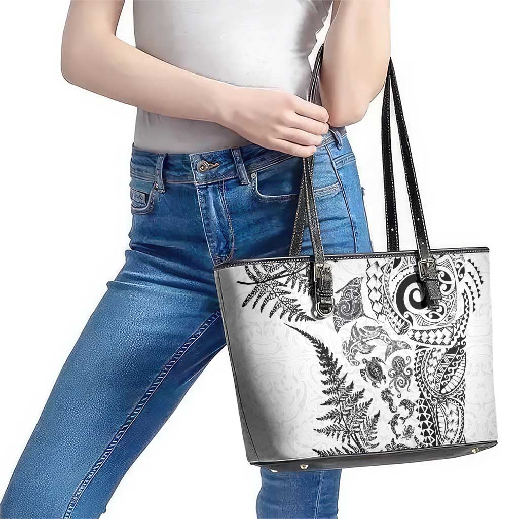 New Zealand Sea Animals Leather Tote Bag with Maori Koru Tribal Tattoo and Silver Ferns White Color