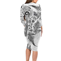 New Zealand Sea Animals Long Sleeve Bodycon Dress with Maori Koru Tribal Tattoo and Silver Ferns White Color