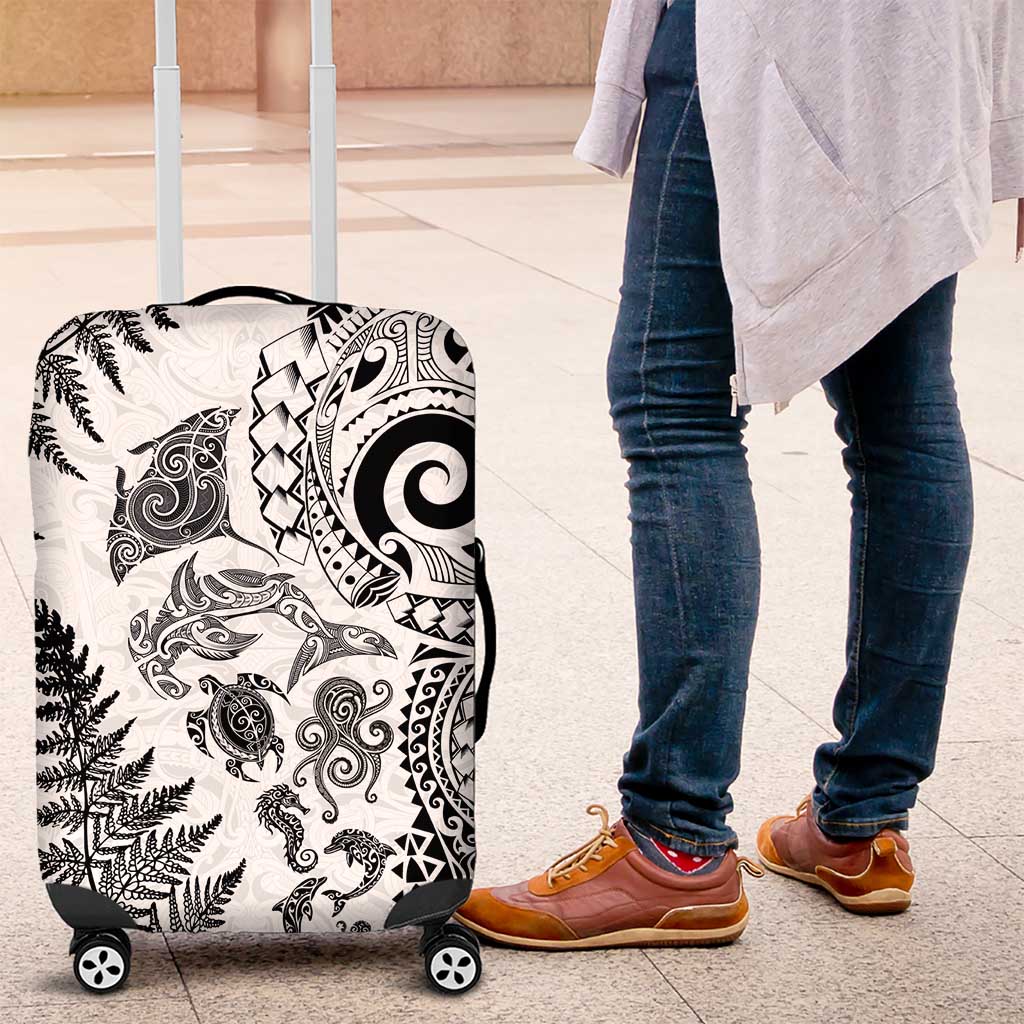 New Zealand Sea Animals Luggage Cover with Maori Koru Tribal Tattoo and Silver Ferns White Color