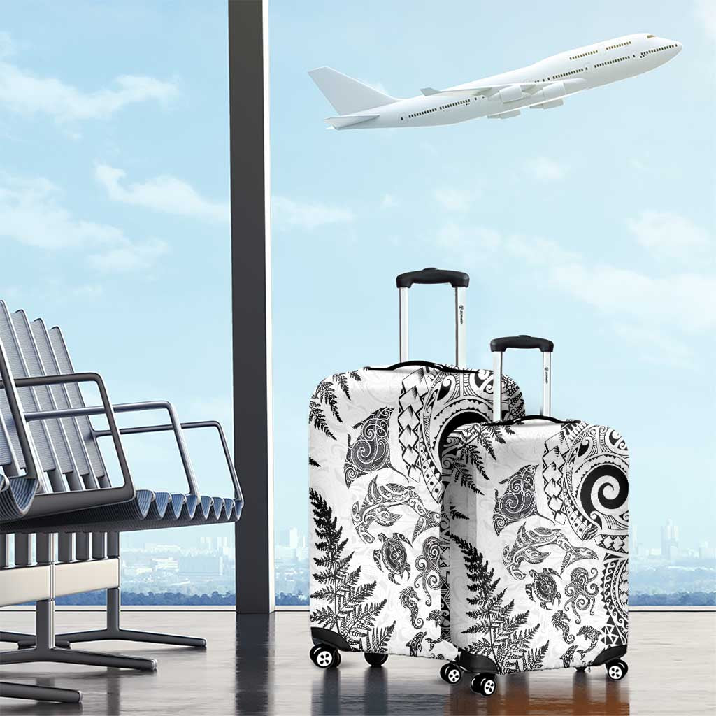 New Zealand Sea Animals Luggage Cover with Maori Koru Tribal Tattoo and Silver Ferns White Color