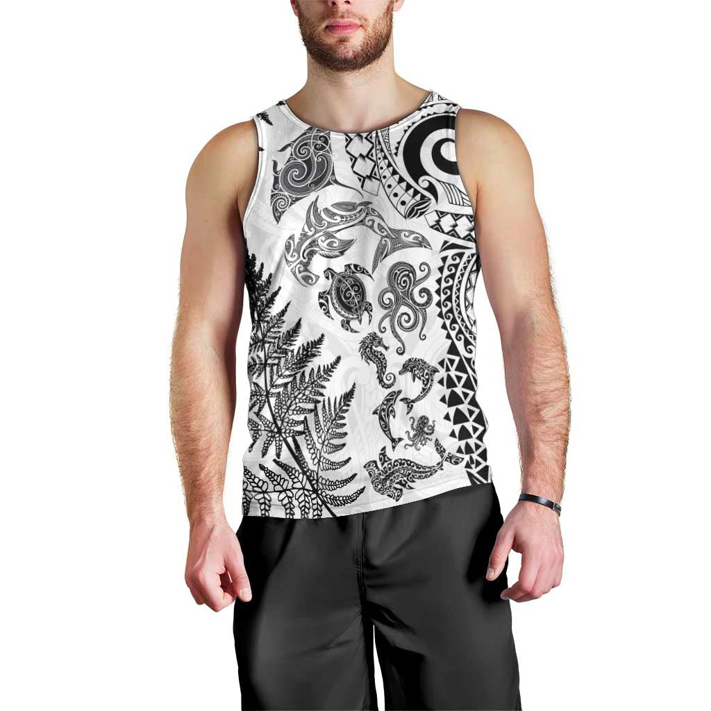 New Zealand Sea Animals Men Tank Top with Maori Koru Tribal Tattoo and Silver Ferns White Color