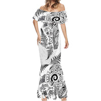 New Zealand Sea Animals Mermaid Dress with Maori Koru Tribal Tattoo and Silver Ferns White Color