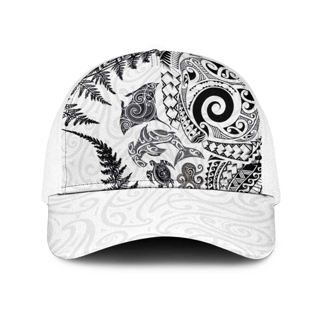 New Zealand Sea Animals Mesh Trucker Cap with Maori Koru Tribal Tattoo and Silver Ferns White Color LT03 One Size White White - Polynesian Pride