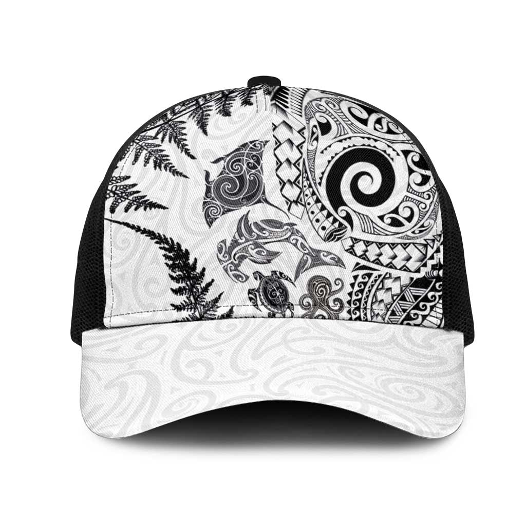 New Zealand Sea Animals Mesh Trucker Cap with Maori Koru Tribal Tattoo and Silver Ferns White Color LT03 One Size Black White - Polynesian Pride