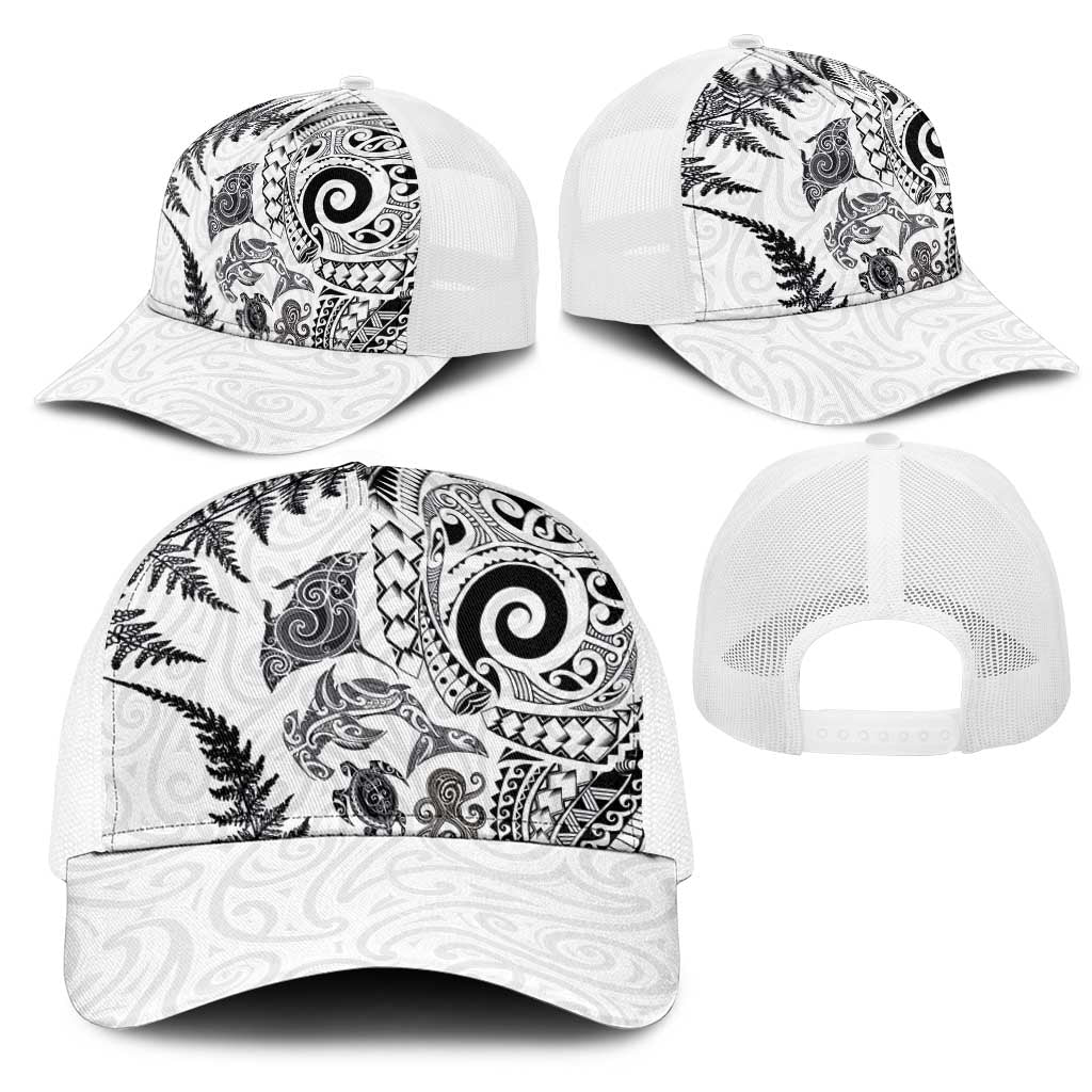 New Zealand Sea Animals Mesh Trucker Cap with Maori Koru Tribal Tattoo and Silver Ferns White Color LT03 - Polynesian Pride