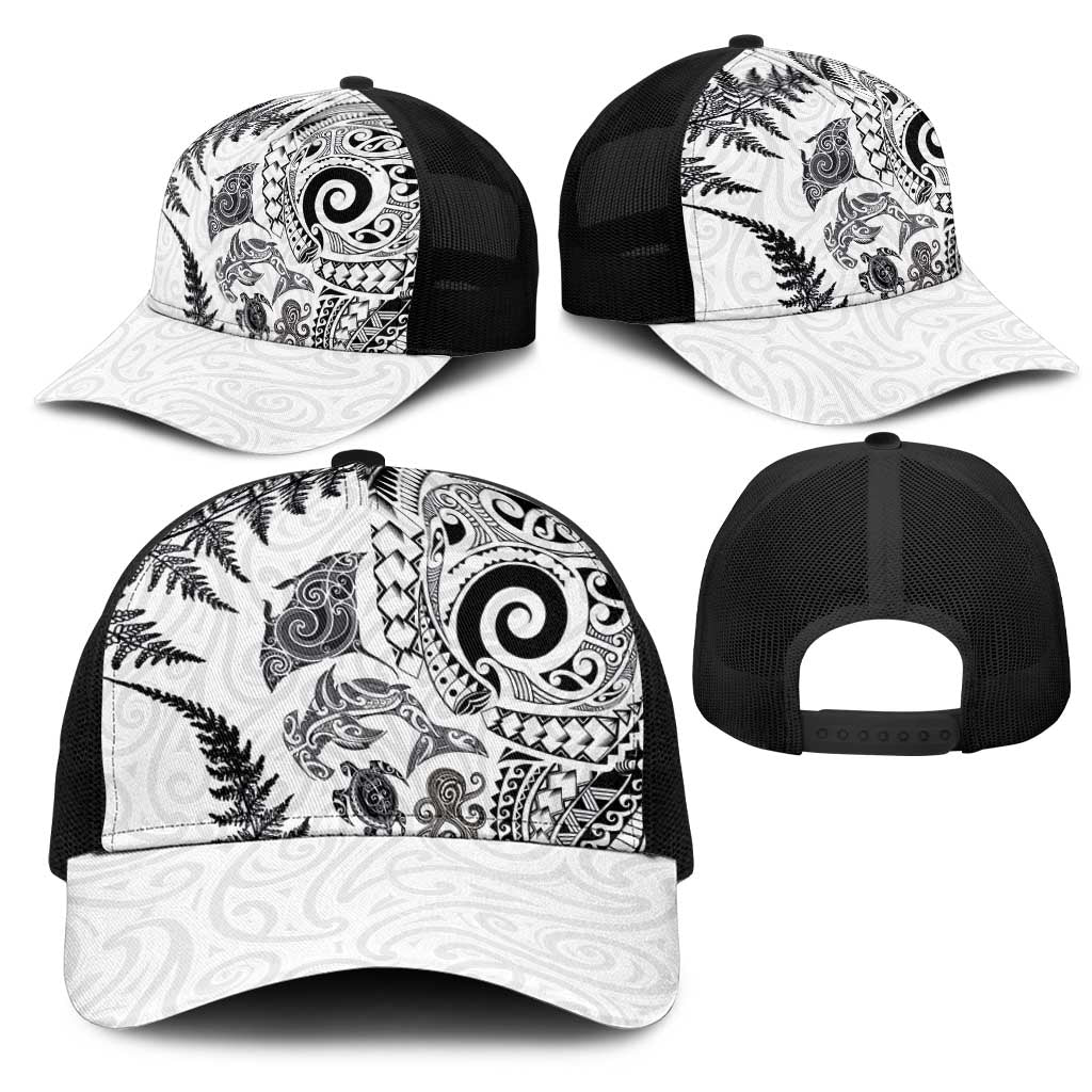 New Zealand Sea Animals Mesh Trucker Cap with Maori Koru Tribal Tattoo and Silver Ferns White Color LT03 - Polynesian Pride