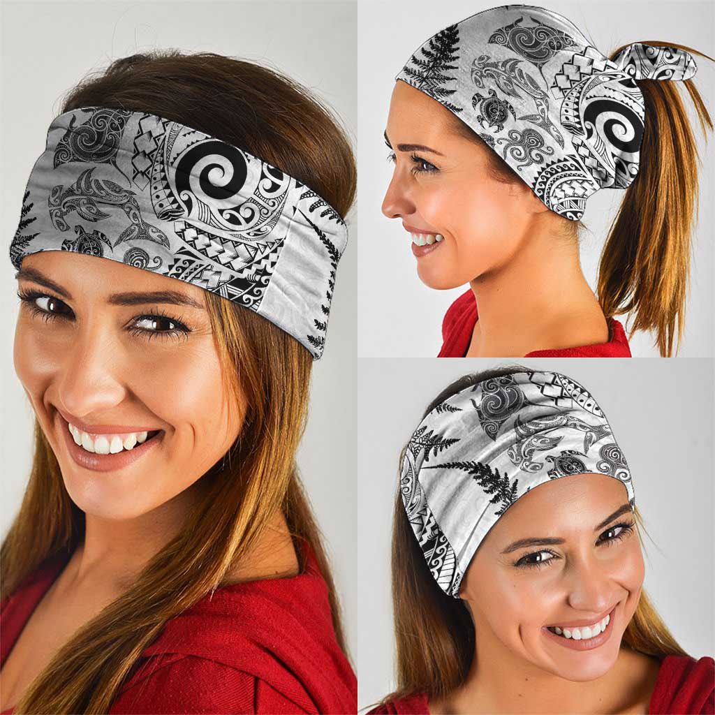 New Zealand Sea Animals Neck Gaiter with Maori Koru Tribal Tattoo and Silver Ferns White Color